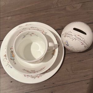 Beatrix Potter Tom Kitten China plate, cup, bowl, and coin bank.